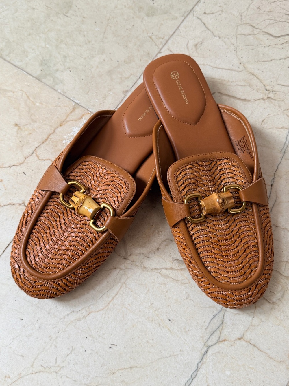 Woven Tan Leather Slide Loafers with Gold Bamboo Bit